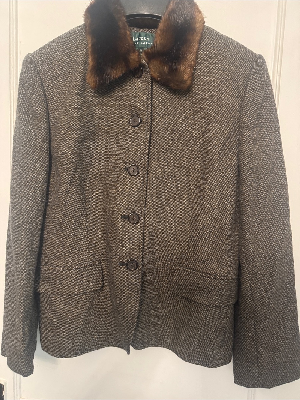 Lauren Ralph Lauren Brown Herringbone Wool Pea Suit with Fur Collar